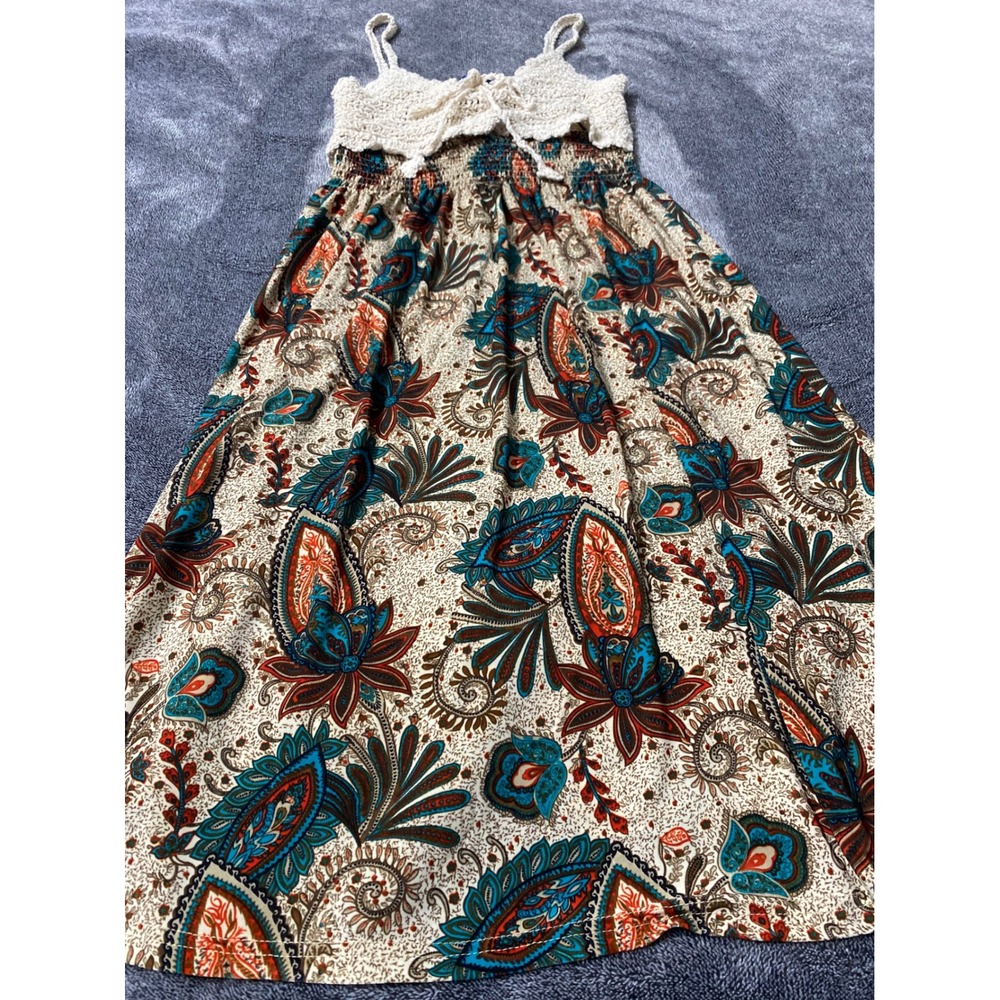 Boho Rustic Cottagecore Paisley Crochet Bodice Smocked Midi Summer Dress - Picture 2 of 7